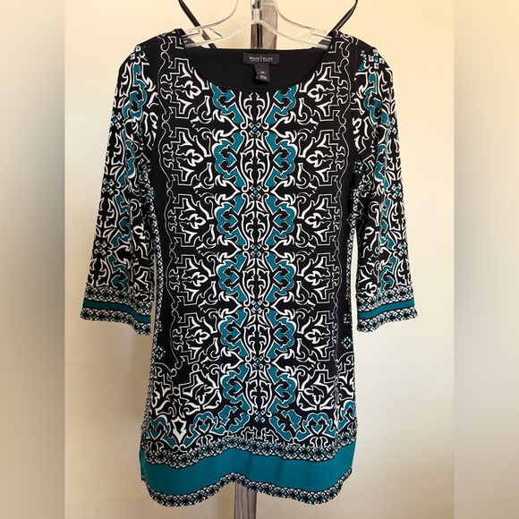 White House Black Market Tops - White House Black Market Patterned Black and Teal Dress